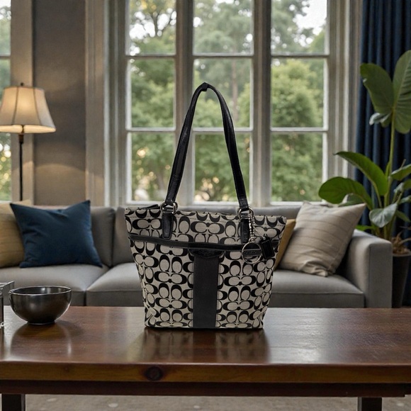 Coach F28504 Signature Stripe Tote Black Gray - Picture 2 of 11